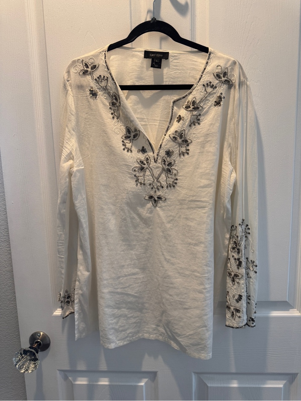 Karen Kane Cream Tunic with Gray Floral Embroidery